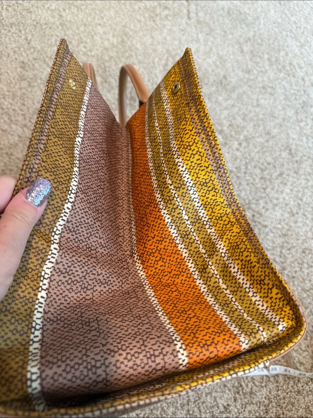 Tory Burch Striped Multicolor Canvas Tote with Tan Leather Trim
